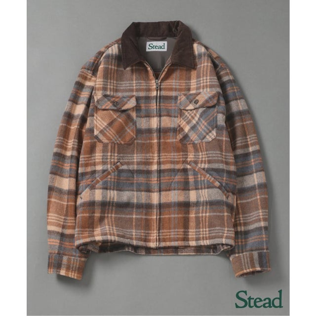 《予約》Stead / ポリ ウール チェック ジップ シャツ （ブラウン）