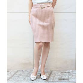 ミディアム丈バックルベルト付きリブニットスカート/21540 （Pink）