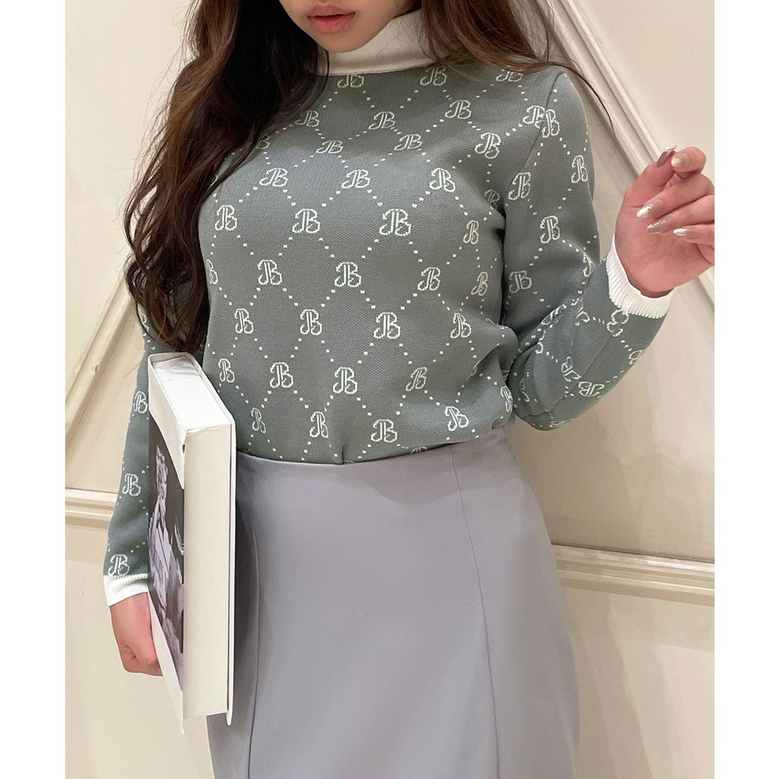 ジュリアブティック JULIA BOUTIQUE JB柄ハイネック長袖ニットトップス 