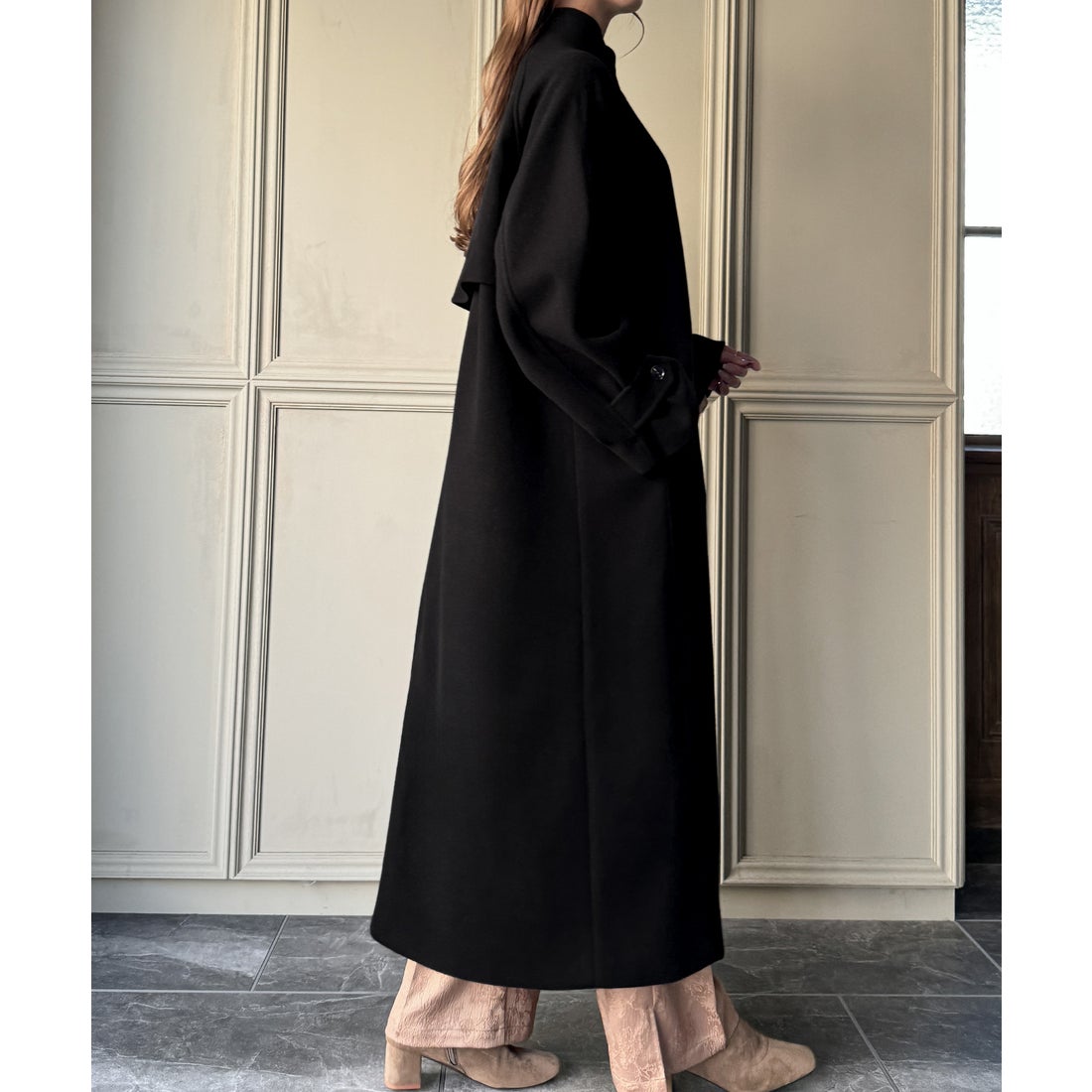 新品】JUNOAH 袖タックロングコート ブラック 新品】JUNOAH 袖タック 