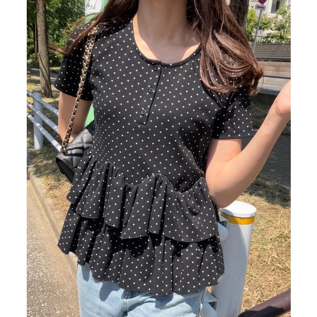 ドットヘンリーネックペプラムトップス （ブラック）