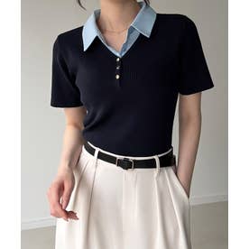 ebure 半袖ニット プルオーバー ネイビー コットン 24SS D523 ジュノア junoah シャツレイヤード半袖ニットトップス （ネイビー