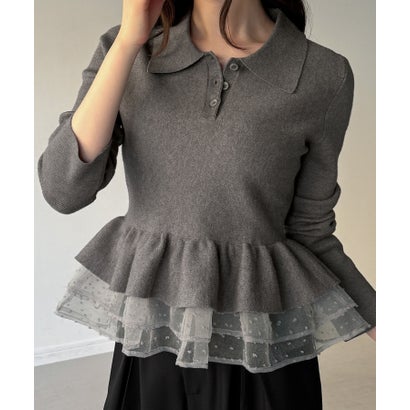 ポロカラーレイヤードペプラムニット （チャコール）｜詳細画像