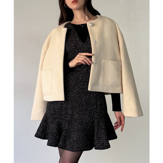パールボタンウールライクショートコート （アイボリー）