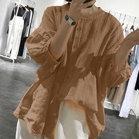 ノーカラーボリュームスリーブコットンシャツ 韓国ファッション （モカ）
