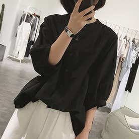 ノーカラードルマンシャツブラウス 韓国ファッション （ブラック）