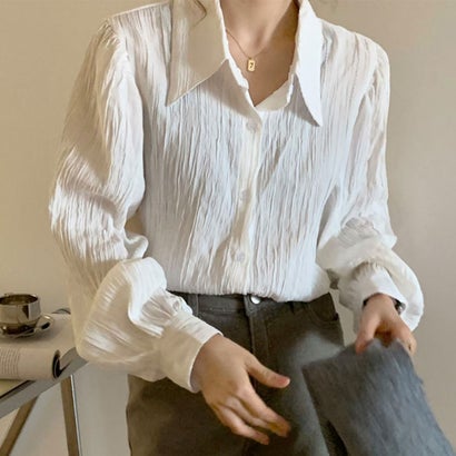 ジュノア JUNOAH シワプリーツシャツ 韓国ファッション （ホワイト）｜詳細画像