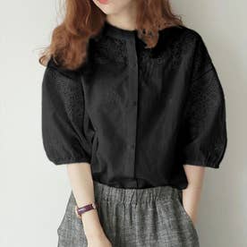 刺繍ノーカラーレースブラウス 韓国ファッション （ブラック）