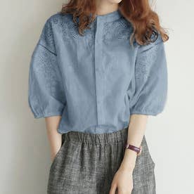 刺繍ノーカラーレースブラウス 韓国ファッション （ブルー）