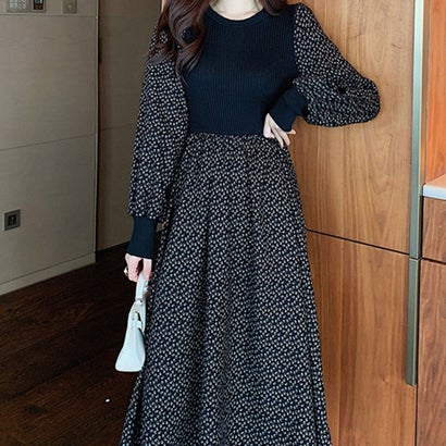 ジュノア JUNOAH ニットドッキングワンピース 韓国ファッション （ブラック）｜詳細画像