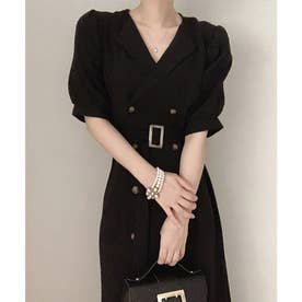 トレンチコート風パフスリーブワンピース 韓国ファッション （ブラック）