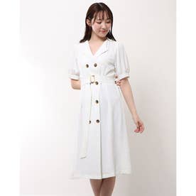 トレンチコート風パフスリーブワンピース 韓国ファッション （ホワイト）