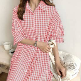 ギンガムチェックコットンロングシャツワンピース 韓国ファッション （ピンク）