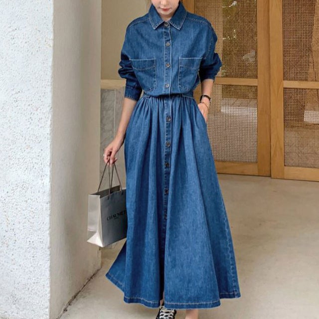 デニムシャツワンピース 韓国ファッション （ブルー）