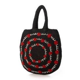 サークルドット刺繍卵型フェルトバッグ （ブラック）