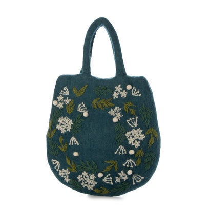 小花リース刺繍卵型フェルトバッグ （ブルー）｜詳細画像