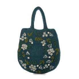 小花リース刺繍卵型フェルトバッグ （ブルー）