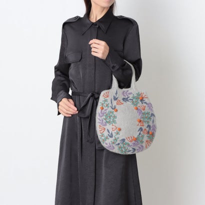 小花リース刺繍卵型フェルトバッグ （ライトグレー）｜詳細画像
