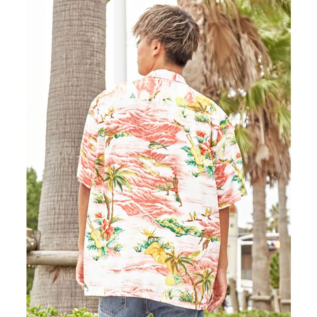 Kahiko】TWO PALMS オーシャンMEN'Sアロハシャツ コーラル