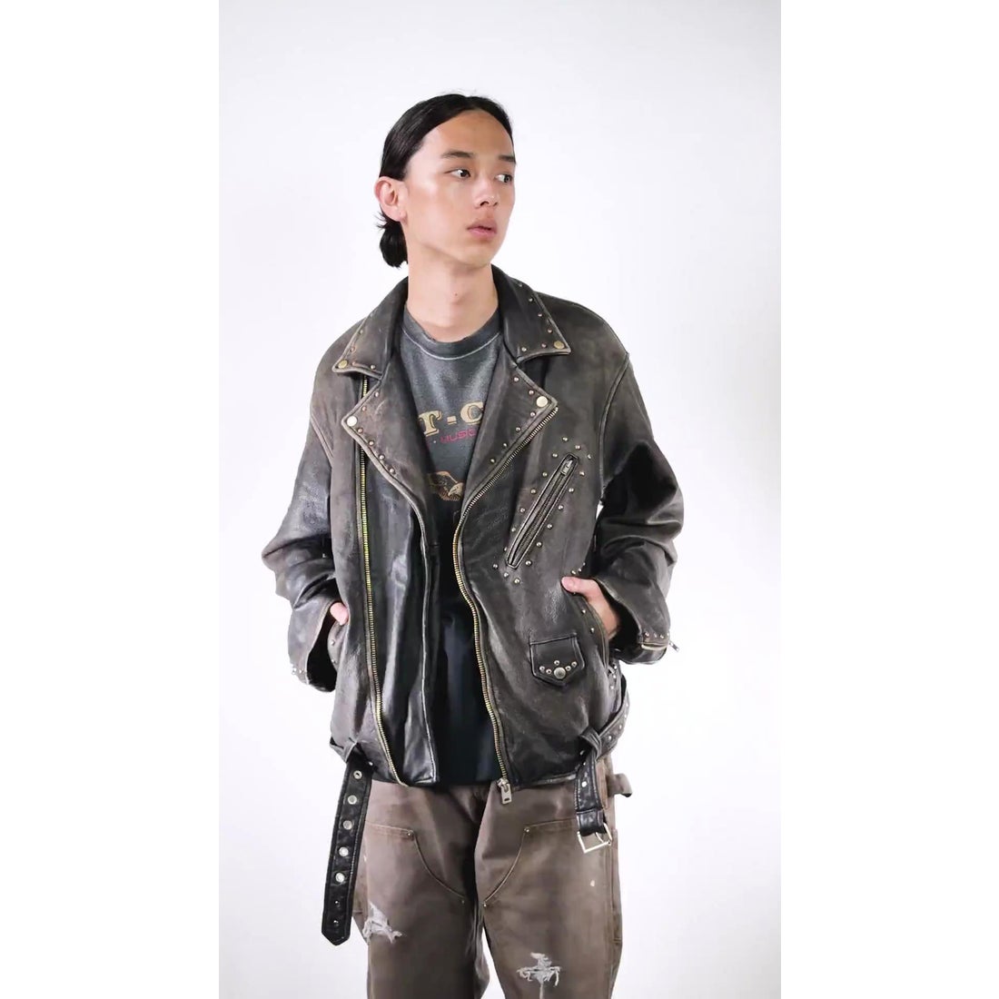 Distressed Leather Studded Biker Jacket （BLACK）