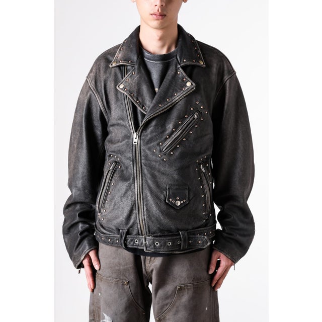 Distressed Leather Studded Biker Jacket （BLACK）