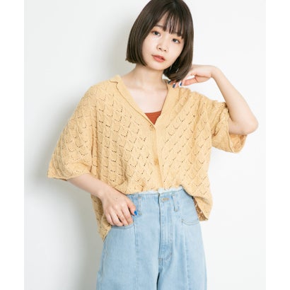 ケービーエフ KBF 透かし編みオープンカラーニット （YELLOW BEG）｜詳細画像