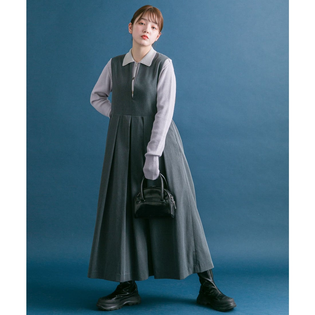 ケービーエフ KBF キーネックBIGプリーツジャンパースカート （BLACK