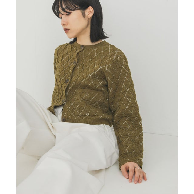 キルティングショートカーディガン （オリーブ）