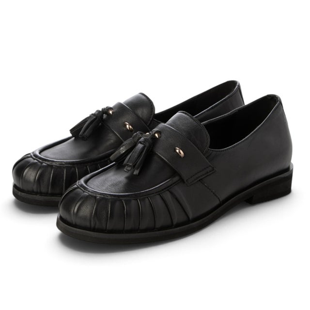 シワ加工デザインフリンジタッセルローファー （BLK）