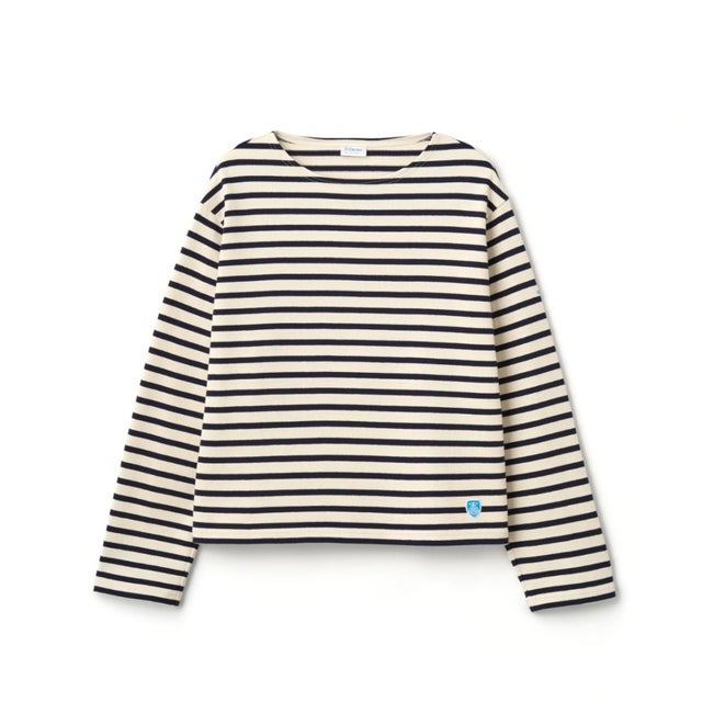 コットン ルールド クルーネック ワイド バスクシャツ ソリッド（Cotton Lourd Crew Neck Wide Basque Shirt Solid） （ECRU×MARINE）