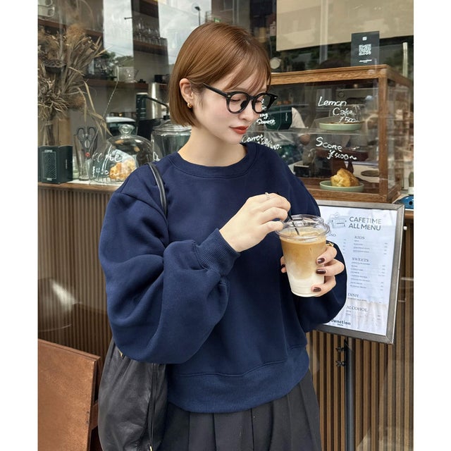 [ yuri.さんコラボ ]裏起毛刺繍入りスウェットトップス【ショート】[選べる2丈] [C7669] （ネイビー）