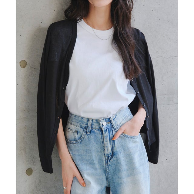 2タイプクルーネックVネックシアーカーディガン【Vネック】[選べる] [C8054] （ブラック）