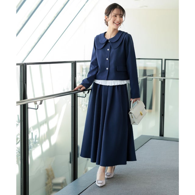 [ セレモニー ] 3点セット ショートジャケット＋タックフレアスカート＋ヘムフリルブラウス M L XL【スカート】 [X515] （ネイビー）