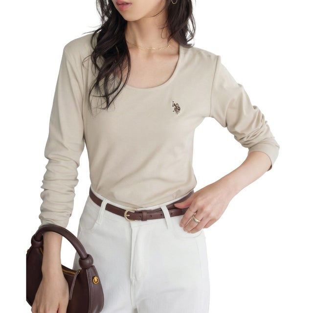 [ U.S. POLO ASSN. ] 長袖Tシャツ【Uネック】[ M L 選べるタイプ] [C8046] （グレージュ）