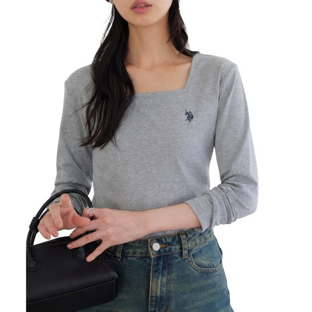 [ U.S. POLO ASSN. ] 長袖Tシャツ【スクエア】[ M L 選べるタイプ] [C8046] （杢グレー）