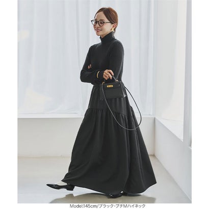 コウベレタス KOBE LETTUCE [ 田中亜希子さんコラボ ] 異素材ドッキングワンピース【プチハイネック】[選べるネック] [E3497] （ネイビー）｜詳細画像