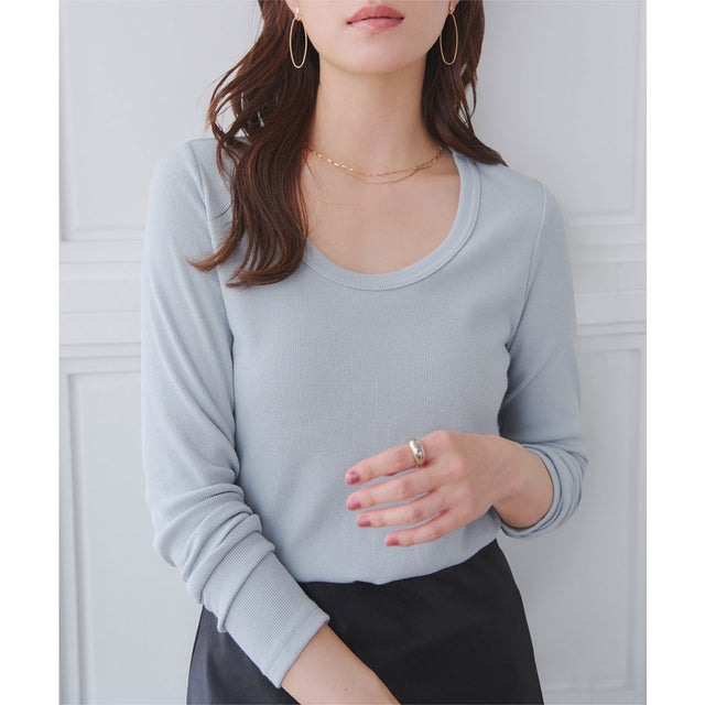 深Uネック細リブ長袖Tシャツ【Uネック】[ M L XL 選べるサイズ ] [C7316] （ライトグレー）