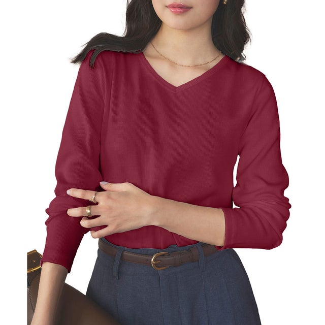 【透けにくい】前身二重長袖Tシャツ 【new浅Vネック】 [ 選べるサイズとネック ] [C3655] （バーガンディ）