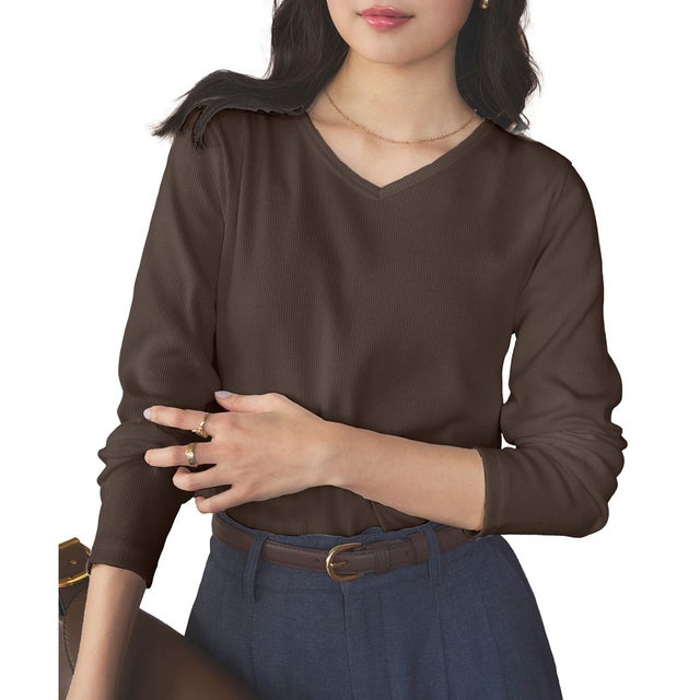 【透けにくい】前身二重長袖Tシャツ 【new浅Vネック】 [ 選べるサイズとネック ] [C3655] （ブラウン）