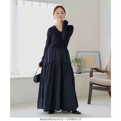 コウベレタス KOBE LETTUCE [ 田中亜希子さんコラボ ] 異素材ドッキングワンピース【プチVネック】[選べるネック] [E3497] （ネイビー）｜詳細画像