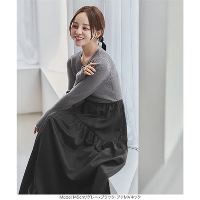 [ 田中亜希子さんコラボ ] 異素材ドッキングワンピース【Vネック】[選べるネック] [E3497] （ネイビー）｜詳細画像