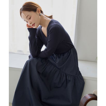 [ 田中亜希子さんコラボ ] 異素材ドッキングワンピース【Vネック】[選べるネック] [E3497] （ネイビー）｜詳細画像