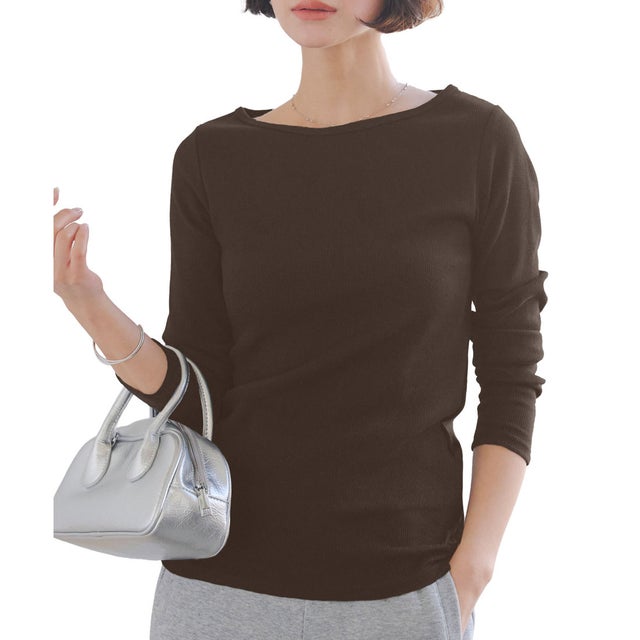 【透けにくい】前身二重長袖Tシャツ 【newボートネック】 [ 選べるサイズとネック ] [C3655] （ブラウン）