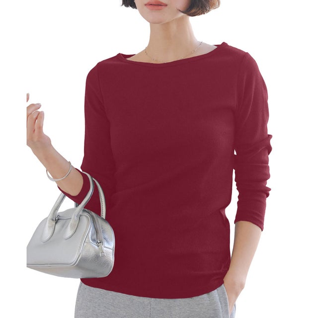 【透けにくい】前身二重長袖Tシャツ 【newボートネック】 [ 選べるサイズとネック ] [C3655] （バーガンディ）
