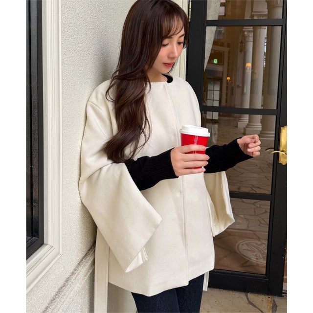 [ 岡部あゆみさんコラボ ] 袖ファスナー付きミドル丈コート【ノーカラー】[選べる2タイプ] [K1464] （エクリュ）