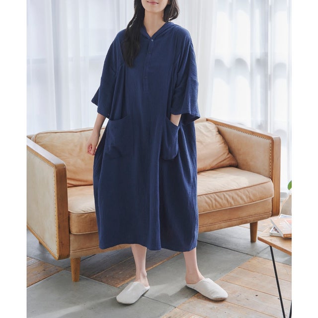 コットン100%フード付き湯上がりワンピース [E3617] （ネイビー）
