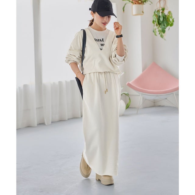 [ 田中亜希子さんコラボ ]  裏起毛ファスナースリットスウェットナロースカート [選べるサイズ] [M4483] （アイボリー）