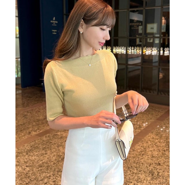 [ 岡部あゆみさんコラボ ]UVカットコットンレーヨンニットトップス【ボートネック】 ［選べる2タイプ］[C6589] （イエロー）