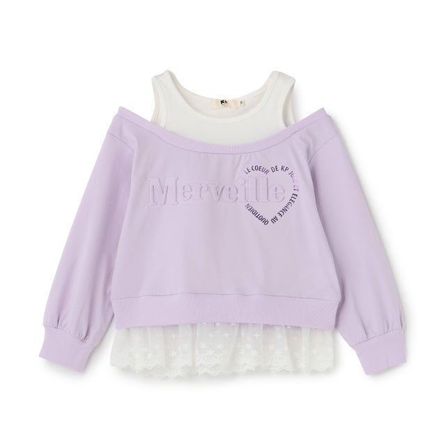 レイヤード風 肩あき 長袖Tシャツ （ラベンダー）