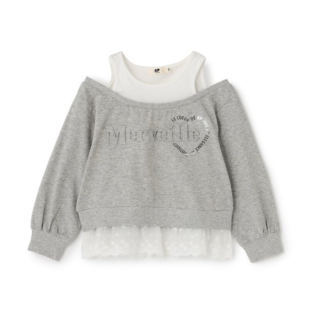 レイヤード風 肩あき 長袖Tシャツ （トップ グレー）